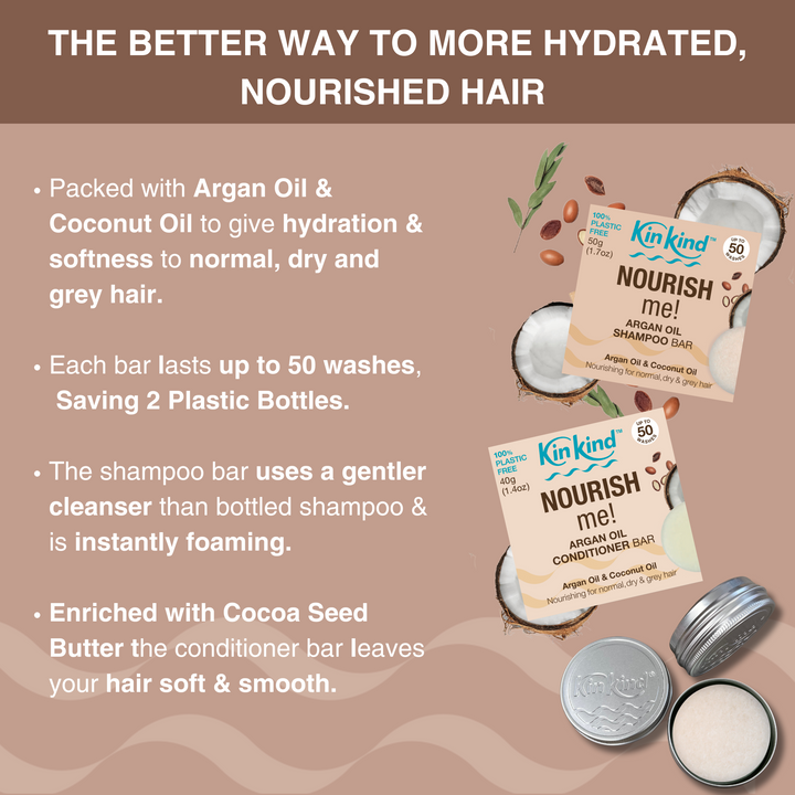 NOURISH me! TRAVEL GIFT SET. Shampoo bar + Conditioner bar & 2 Travel Storage Tins. For Normal/Dry & Grey Hair. Saves 4 plastic bottles!