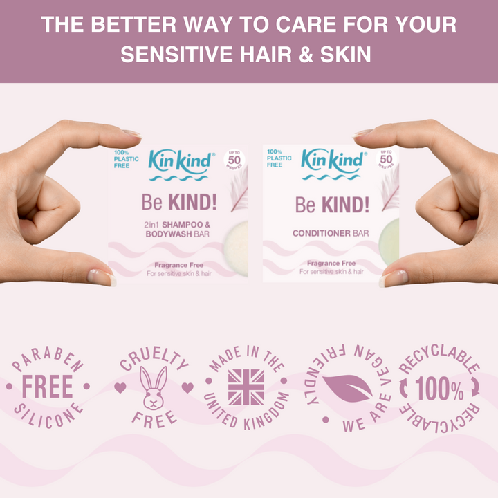 Be KIND! TRAVEL GIFT SET. Fragrance free Shampoo bar + Conditioner bar & 2 Travel Storage Tins. For Sensitive Skin. Saves 4 plastic bottles!