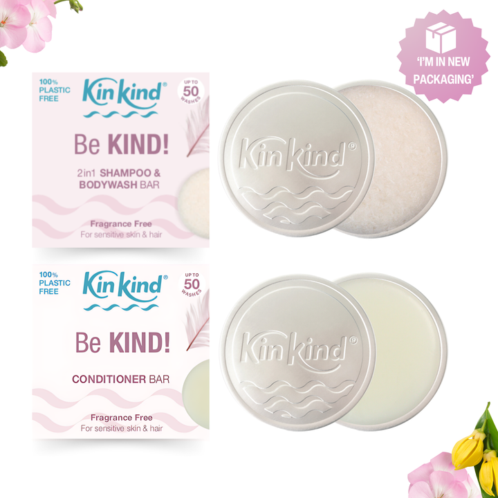 Be KIND! TRAVEL GIFT SET. Fragrance free Shampoo bar + Conditioner bar & 2 Travel Storage Tins. For Sensitive Skin. Saves 4 plastic bottles!