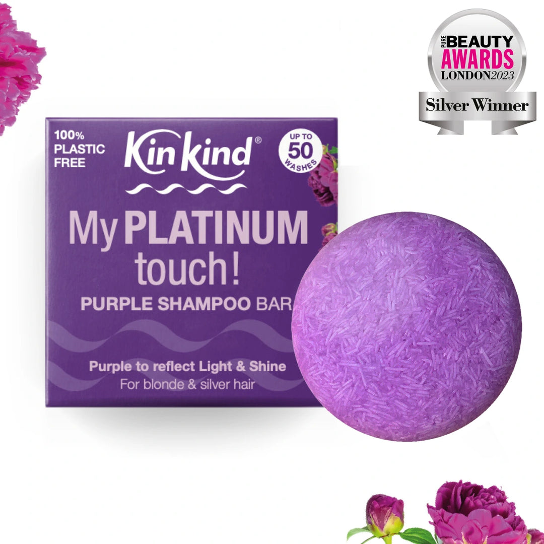 KinKind Purple shampoo bar with  Beauty Awards London 2021 silver winner badge.