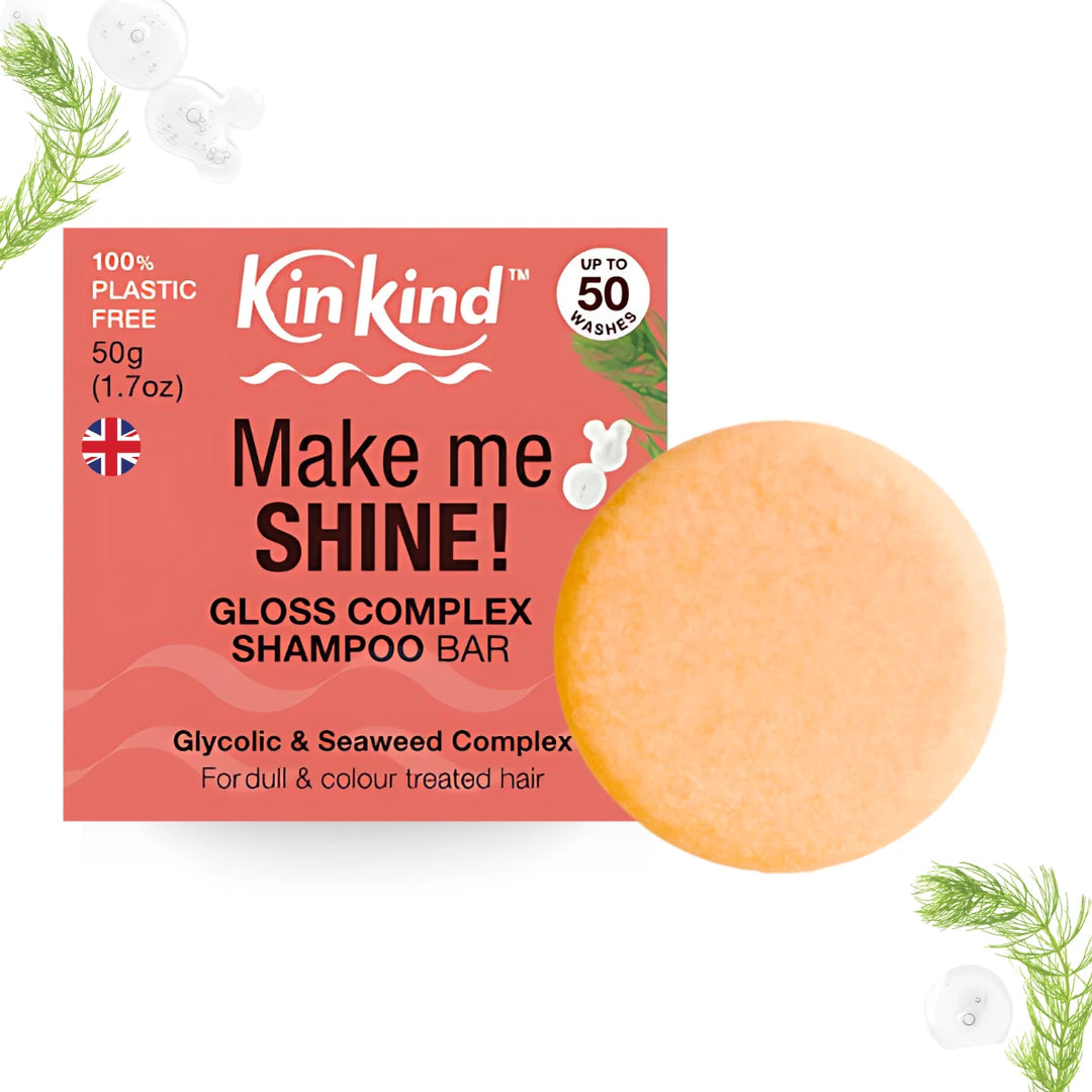 KinKind Gloss Complex shampoo bar for dull and colour treated hair packaging with a peach box and orange shampoo bar on a white background