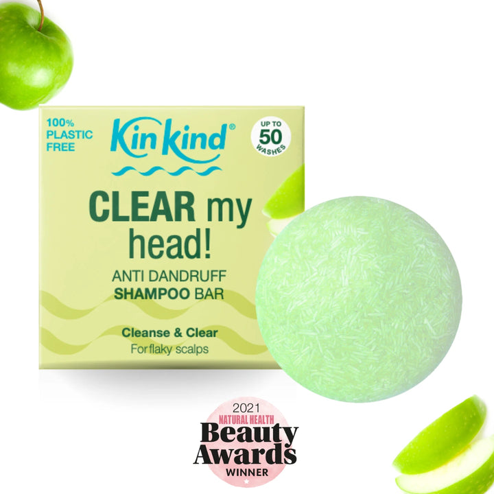 KinKind anti dandruff shampoo bar with 2021 Natural Health Beauty Awards Logo.