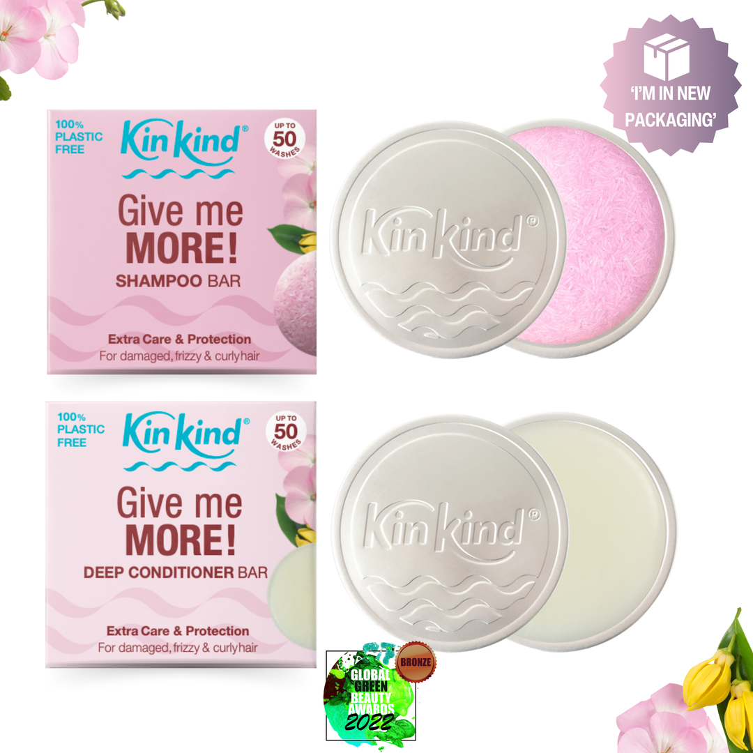 Give me MORE! TRAVEL GIFT SET : Shampoo bar + Conditioner bar & 2 Travel Storage Tins. For Damaged, Frizzy & Curly Hair. Saves 4 plastic bottles!