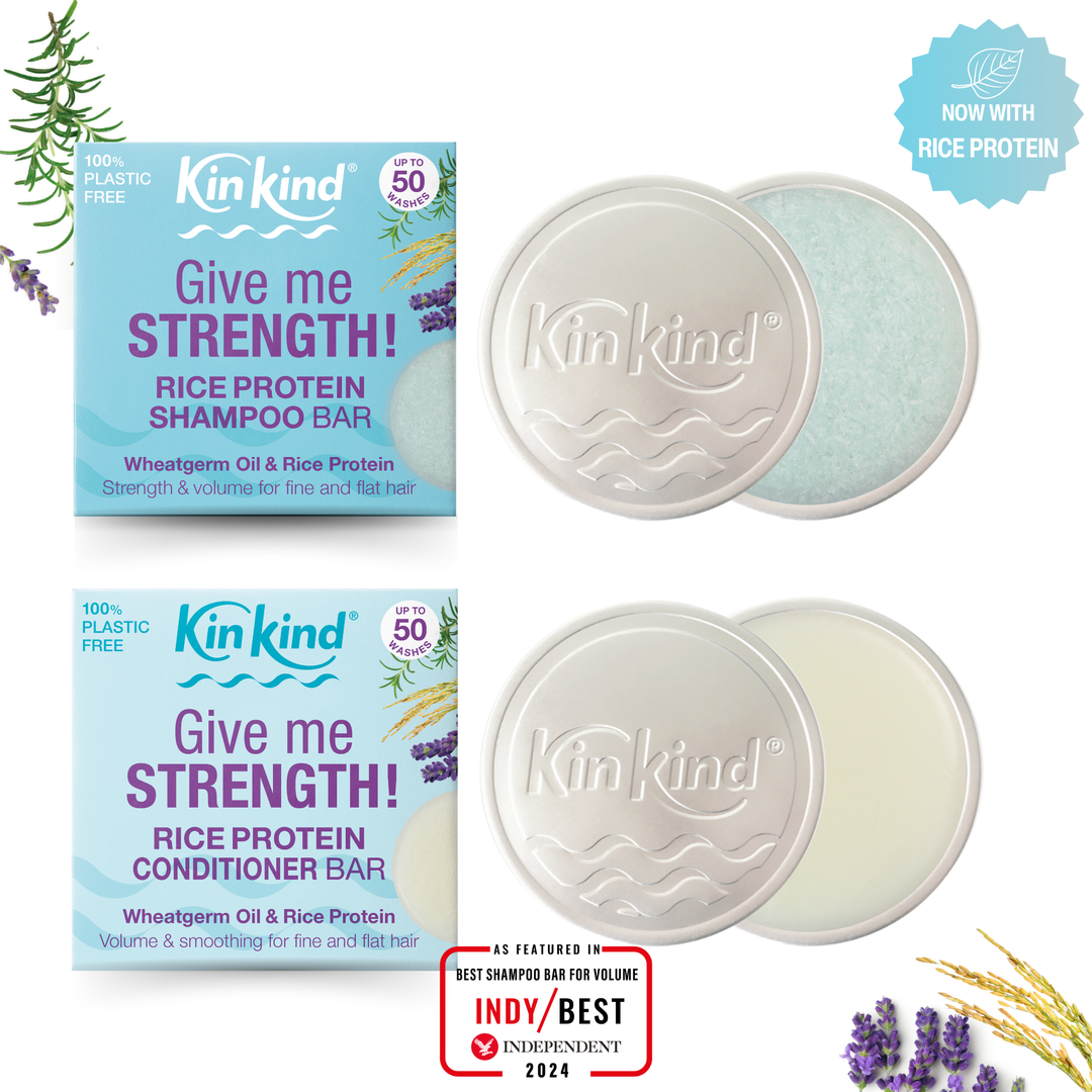 Give me STRENGTH! TRAVEL GIFT SET. Volume & Strength for fine, flat and thin hair. Shampoo bar + Conditioner Bar & 2 Travel Storage Tins. Saves 4 plastic bottles!