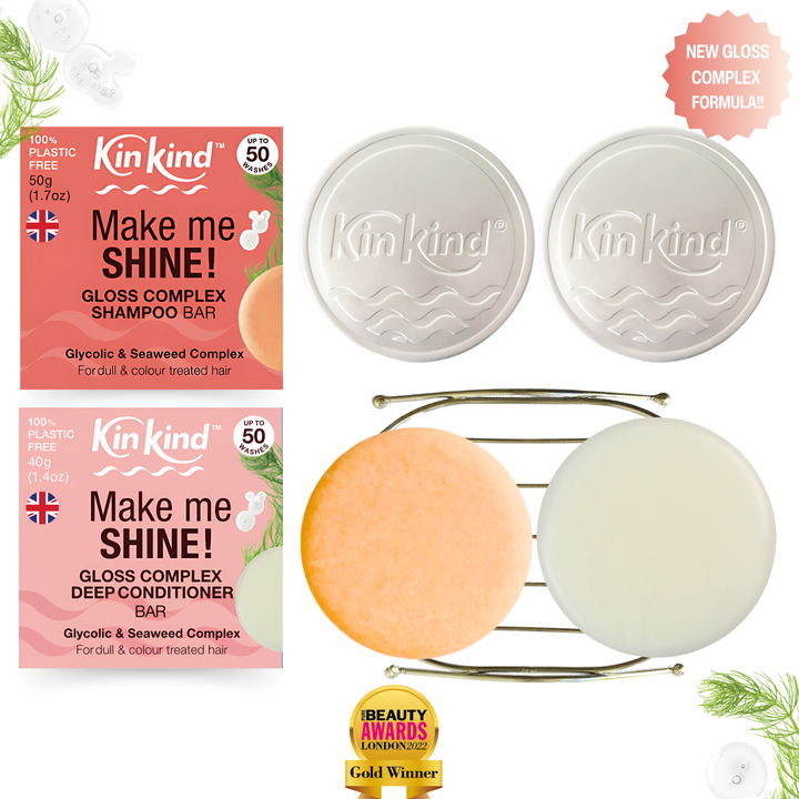 Make me SHINE! BEAUTY GIFT SET : Gloss Complex Shampoo bar + Conditioner bar, 1 Metal Storage Rack & 2 Travel Tins. For Colour Treated & Dull Hair. Saves 4 plastic bottles!