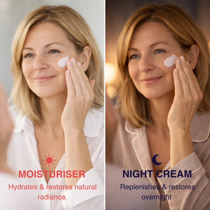 3 Sets for 2 REPLENISH & GLOW! Skincare. Collagen Moisturiser & Super Nutrient Night Cream