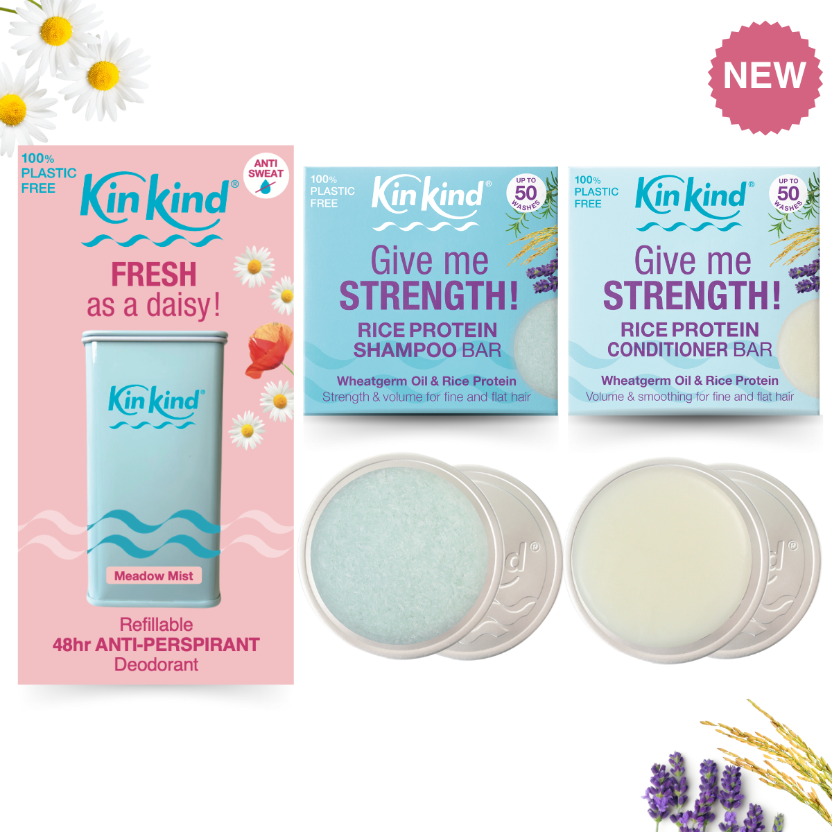 WILD FLOWERS TRAVEL GIFT SET. Give me STRENGTH Shampoo & Conditioner bars 2 Travel tins & FRESH as daisy Anti Perspirant Deodorant Case & Refill Bar