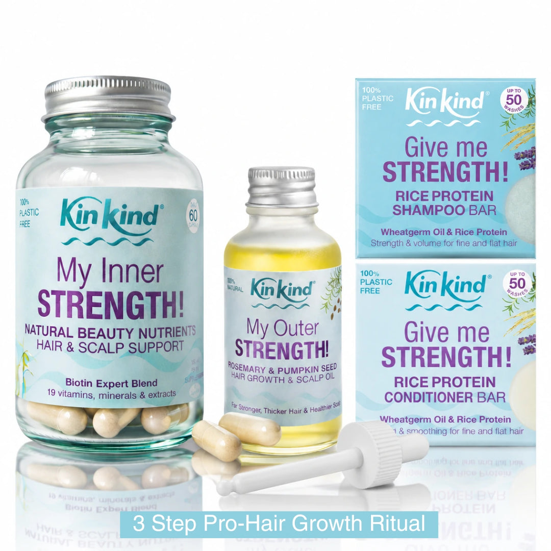 My Complete STRENGTH! 3-Step Pro-Hair Growth Inside-Out Ritual. For Stronger, Fuller-looking hair & Balanced scalp.
