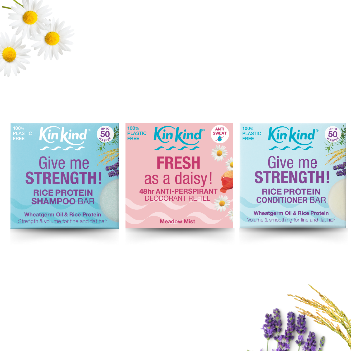 WILD FLOWERS REFILLS. Give me STRENGTH Shampoo & Conditioner bars + 1 FRESH as daisy Anti Perspirant Refill Bar