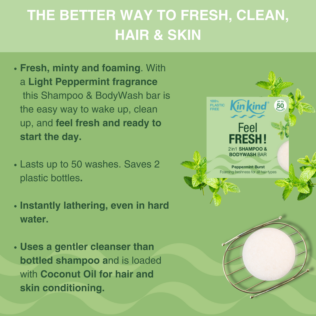 Feel FRESH! 2in1 Shampoo & BodyWash bar for Fresh, Clean Hair & Skin. Saves 2 plastic bottles!