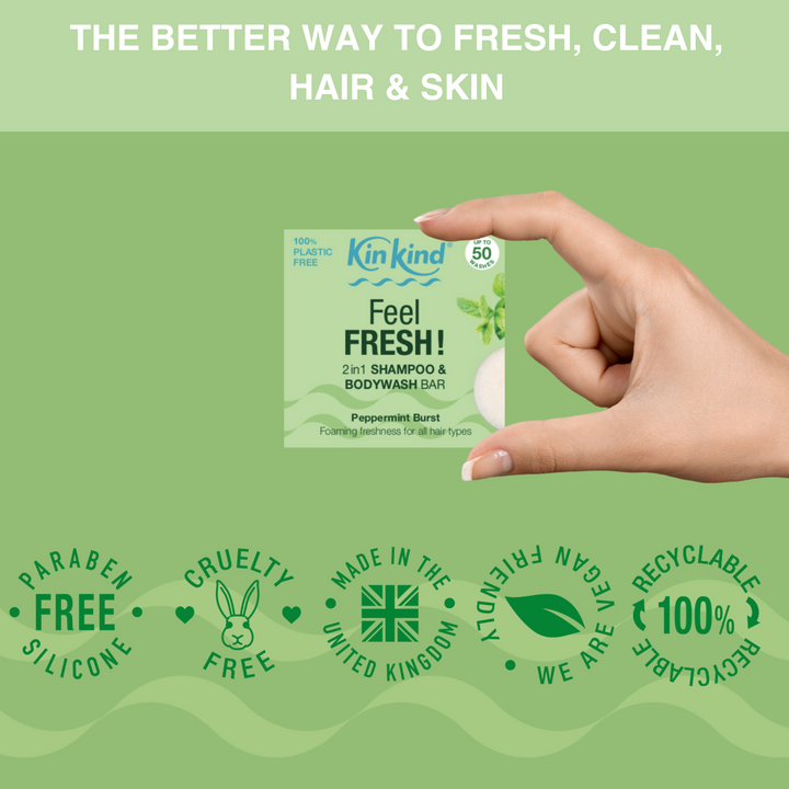 Feel FRESH! 2in1 Shampoo & BodyWash bar for Fresh, Clean Hair & Skin. Saves 2 plastic bottles!