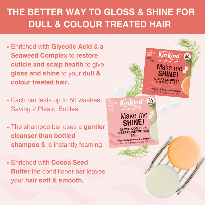 Make me SHINE! BEAUTY GIFT SET : Gloss Complex Shampoo bar + Conditioner bar, 1 Metal Storage Rack & 2 Travel Tins. For Colour Treated & Dull Hair. Saves 4 plastic bottles!