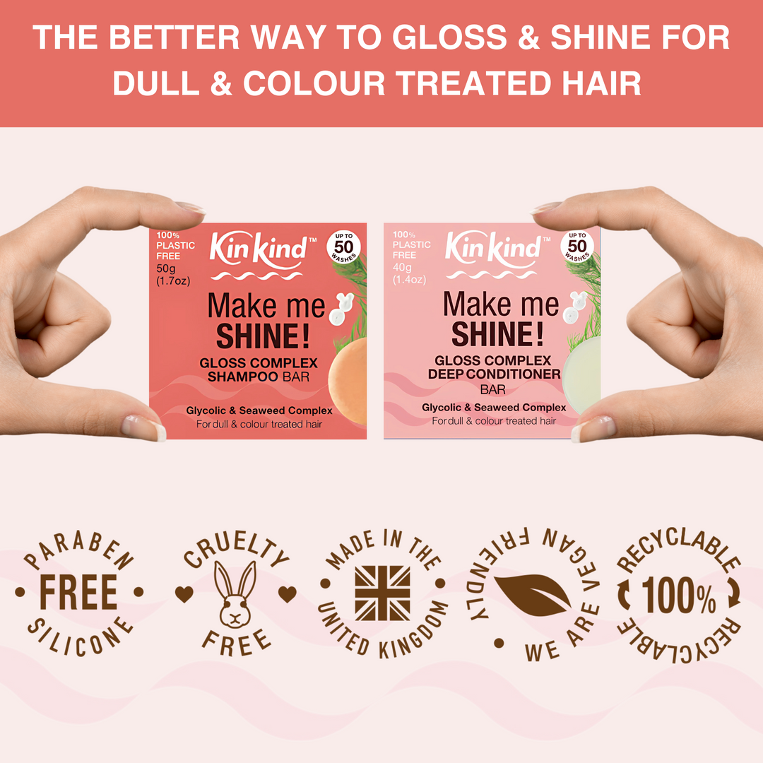 Make me SHINE! BEAUTY GIFT SET : Gloss Complex Shampoo bar + Conditioner bar, 1 Metal Storage Rack & 2 Travel Tins. For Colour Treated & Dull Hair. Saves 4 plastic bottles!