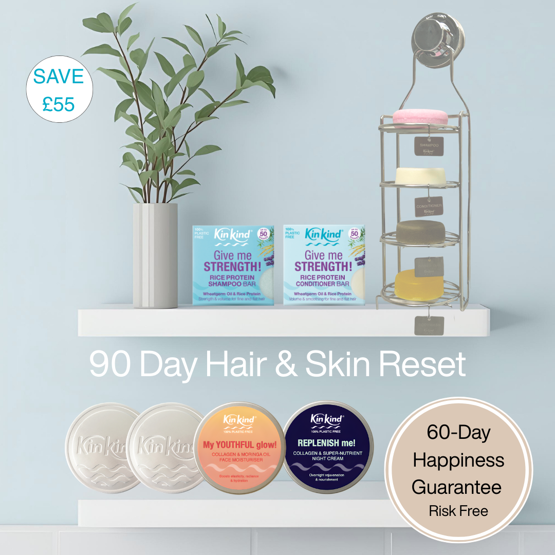 Shelf with skincare products and a plant against a light blue wall, promoting a hair and skin reset program.