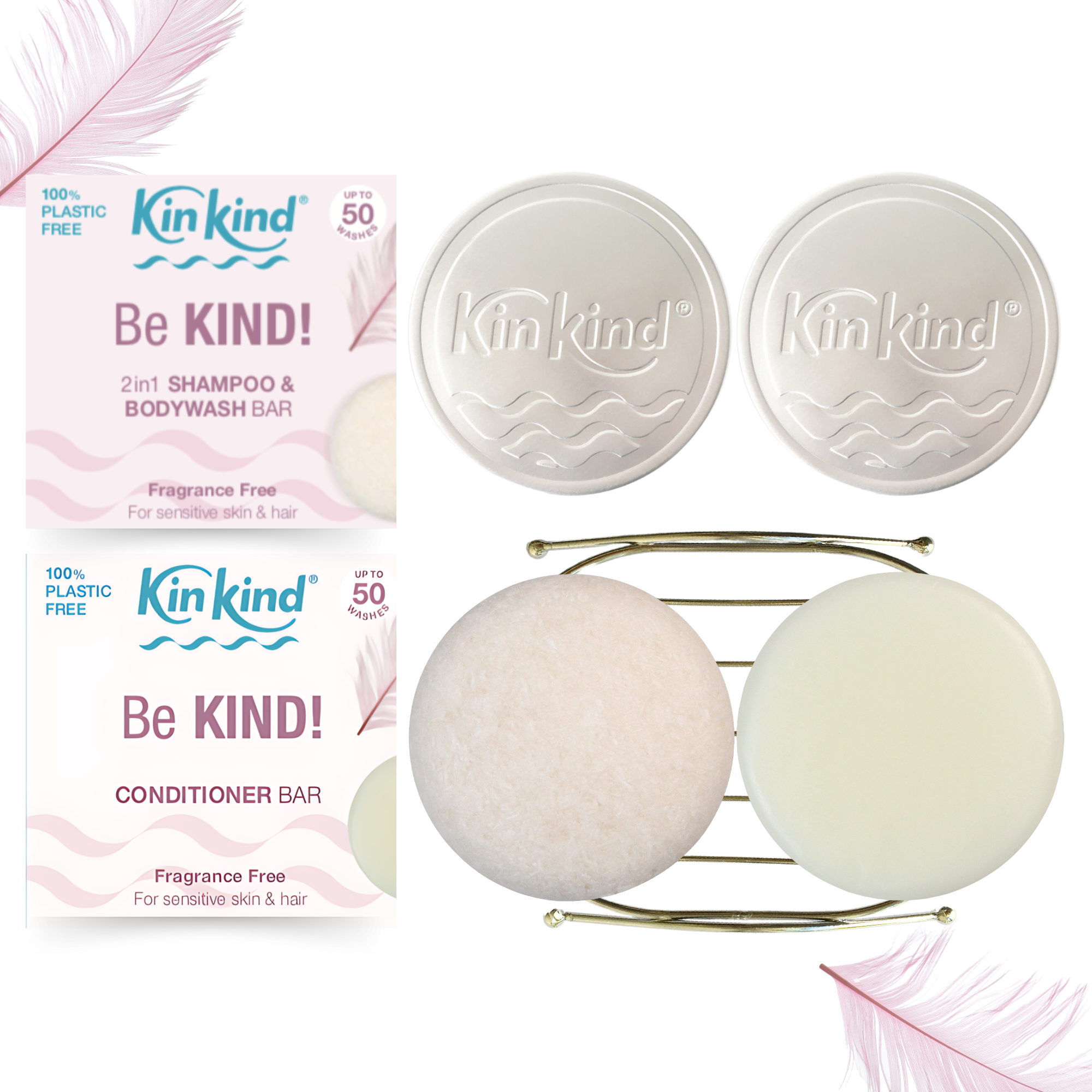Be KIND! BEAUTY GIFT SET. Fragrance free Shampoo and Conditioner Bars, 1 Metal Storage Rack & 2 Travel Tins. For Sensitive Skin. Saves 4 plastic bottles!