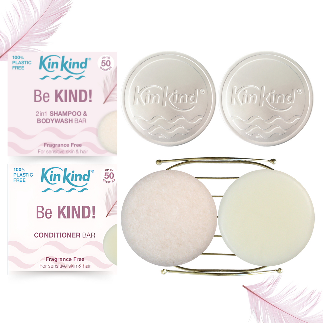 Be KIND! BEAUTY GIFT SET. Fragrance free Shampoo and Conditioner Bars, 1 Metal Storage Rack & 2 Travel Tins. For Sensitive Skin. Saves 4 plastic bottles!