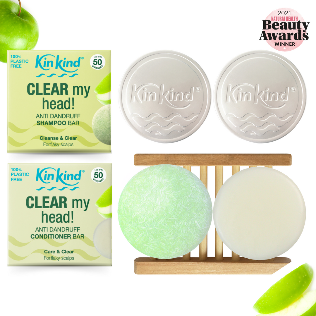 CLEAR my head! BEAUTY GIFT SET. Anti Dandruff Shampoo and Conditioner Bars, 1 Wooden Storage Rack & 2 Travel Tins. Saves 4 Plastic Bottles!