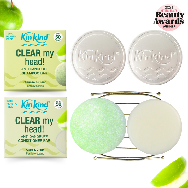 CLEAR my head! BEAUTY GIFT SET. Anti Dandruff Shampoo and Conditioner Bars, 1 Metal Storage Rack & 2 Travel Tins. Saves 4 Plastic Bottles!