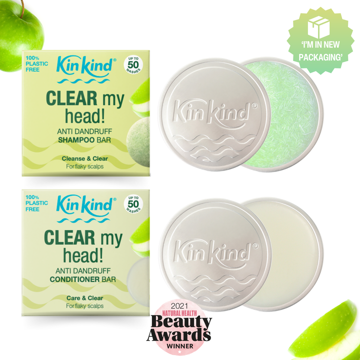 CLEAR my head! TRAVEL GIFT SET. Shampoo bar + Conditioner bar & 2 Travel Storage Tins. For Flaky Scalp. Saves 4 plastic bottles!