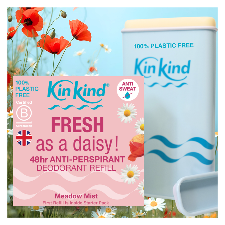 KinKind antiperspirant deodorant starter and refill with daisy flowers on a white background
