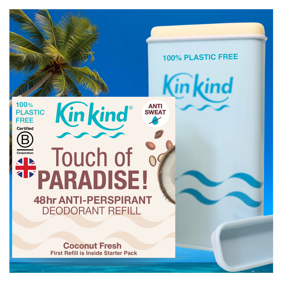 KinKind antiperspirant deodorant starter pack with case and refill with coconut fragrance and coconut tree background