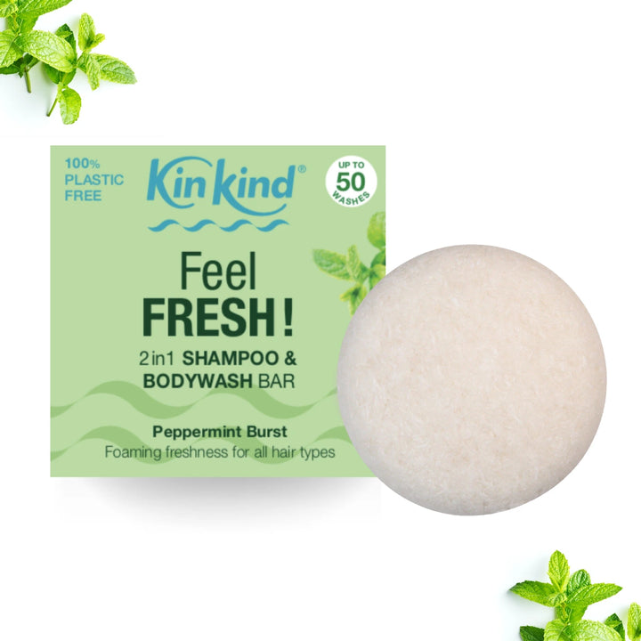 Kin Kind peppermint shampoo and bodywash bar with packaging on a white background