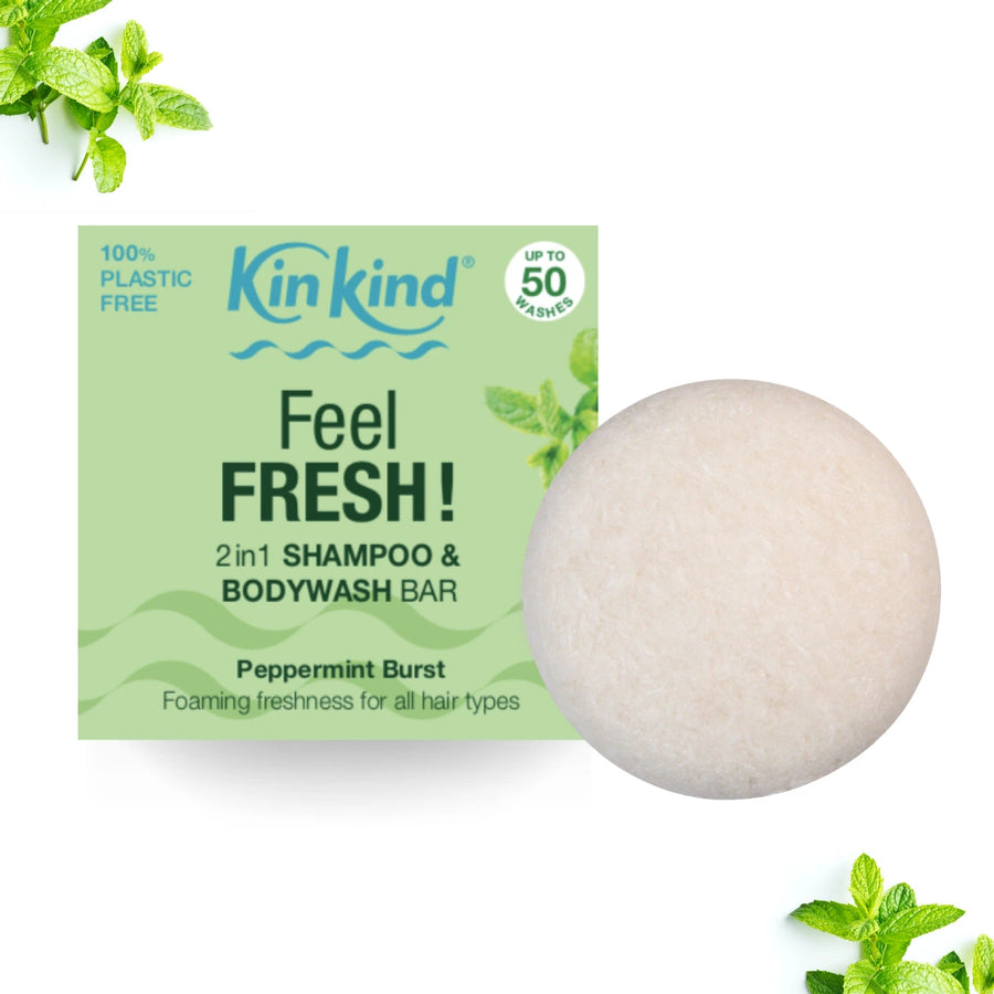 Kin Kind peppermint shampoo and bodywash bar with packaging on a white background