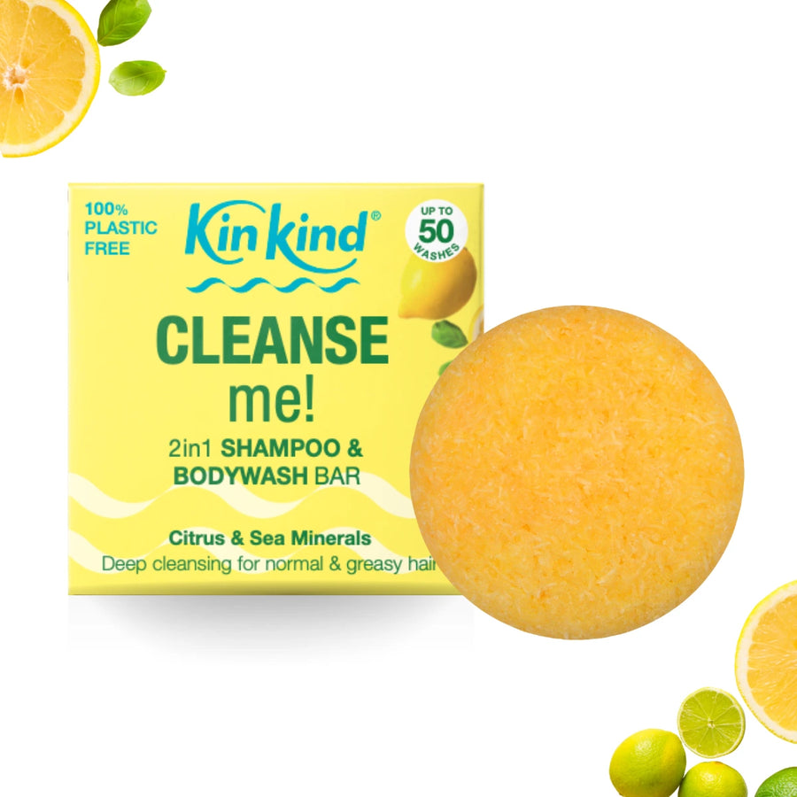 Kin Kind 2in1 Shampoo & Bodywash Bar with citrus and sea minerals with packaging on a white background