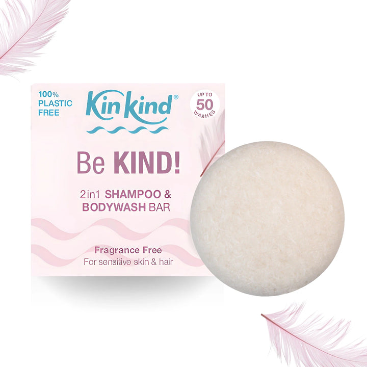 KinKind fragrance free shampoo and bodywash bar with packaging on a white background