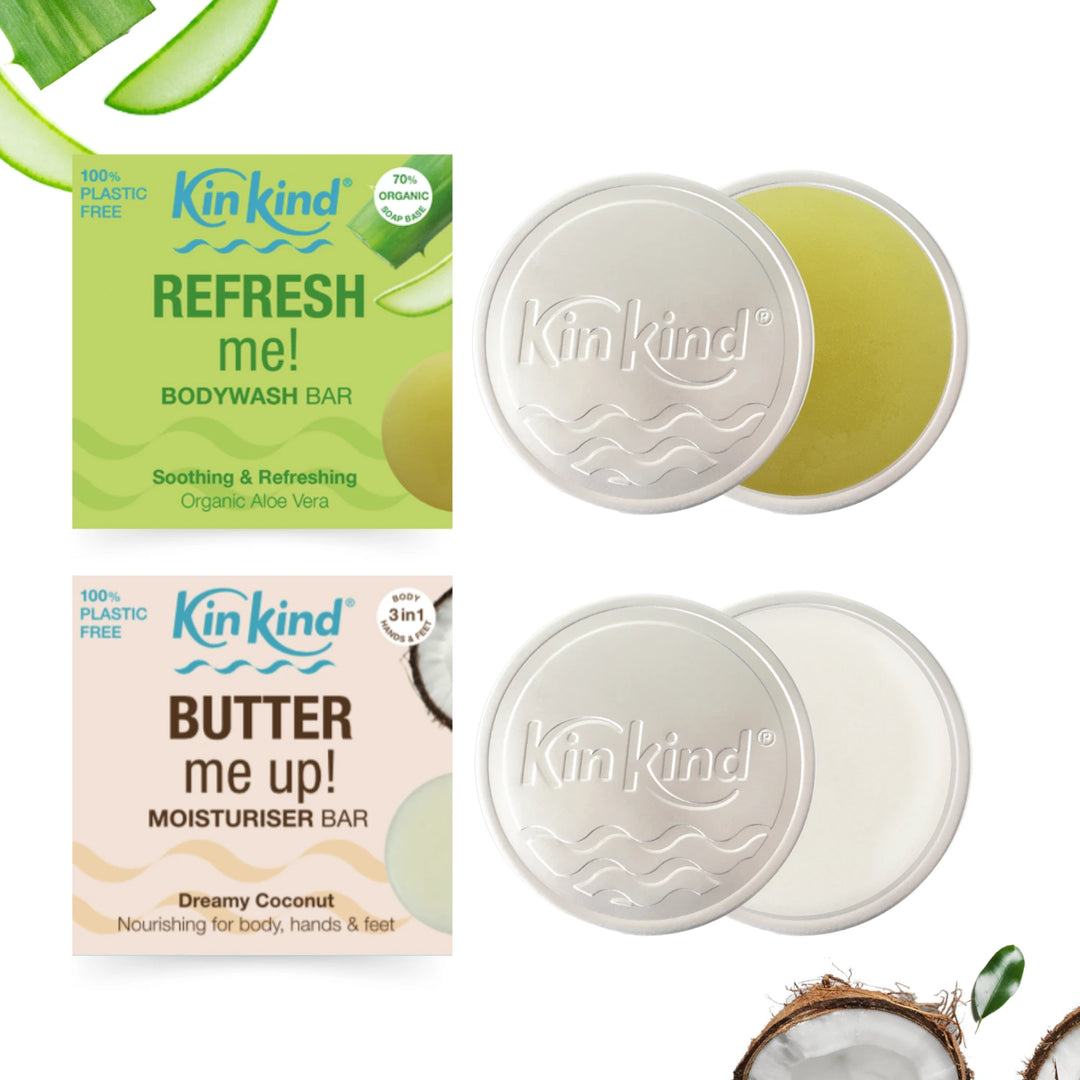 MOISTURISE me! Aloe Vera & Coconut BodyCare Set.  BodyWash & Body Moisturiser bars + 2 Storage Tins. Saves 2 plastic bottles