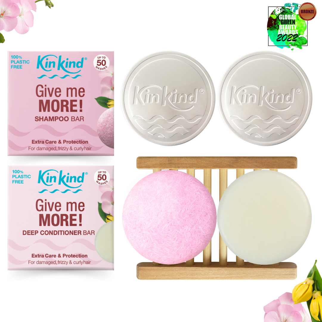 Give me MORE! BEAUTY GIFT SET : Shampoo bar + Conditioner bar , 1 Wooden Storage Rack & 2 Travel Tins. For Damaged, Frizzy & Curly Hair. Saves 4 plastic bottles!