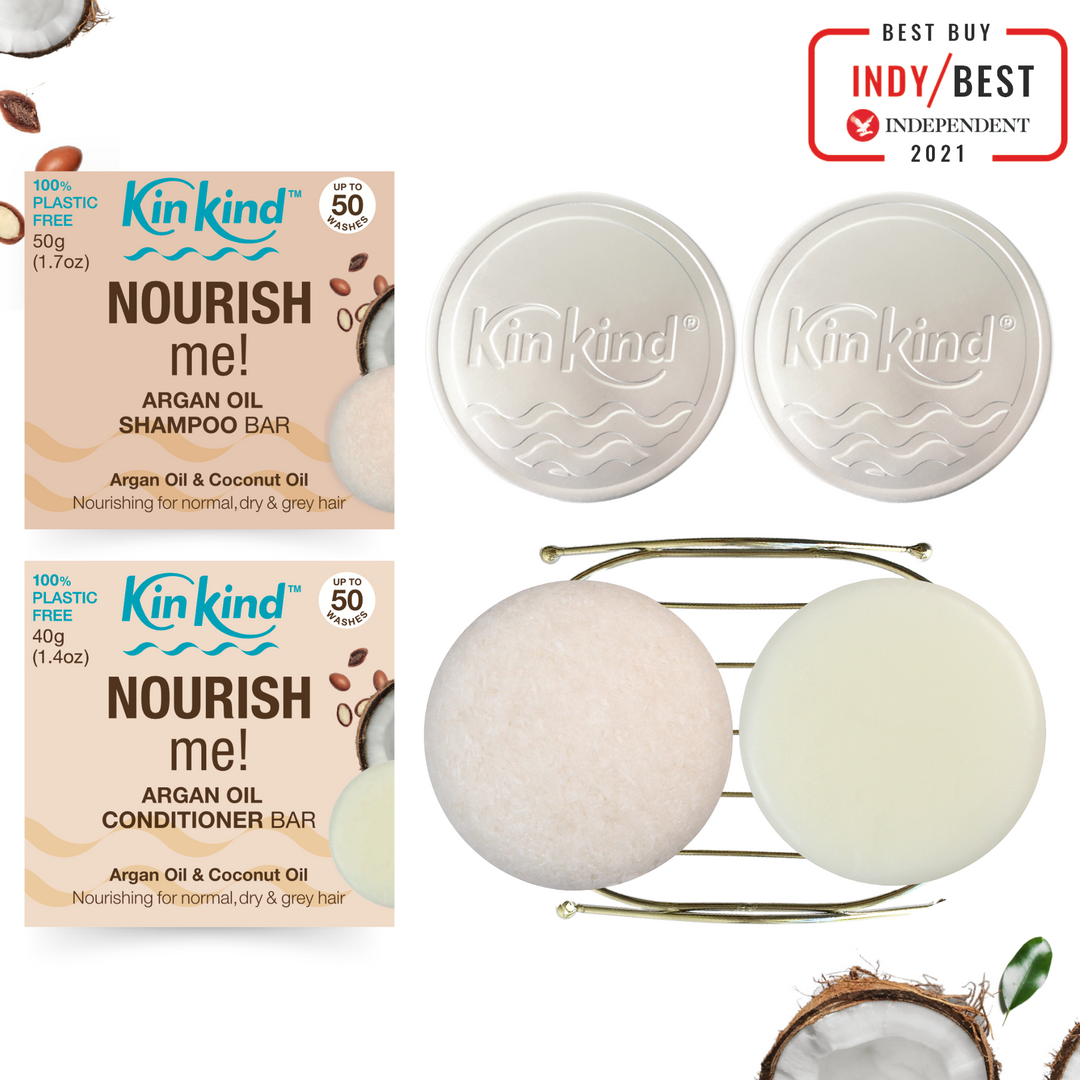 NOURISH me! BEAUTY GIFT SET : Shampoo bar + Conditioner bar, 1 Metal Storage Rack & 2 Travel Tins.  For Normal/Dry & Grey Hair. Saves 4 plastic bottles!