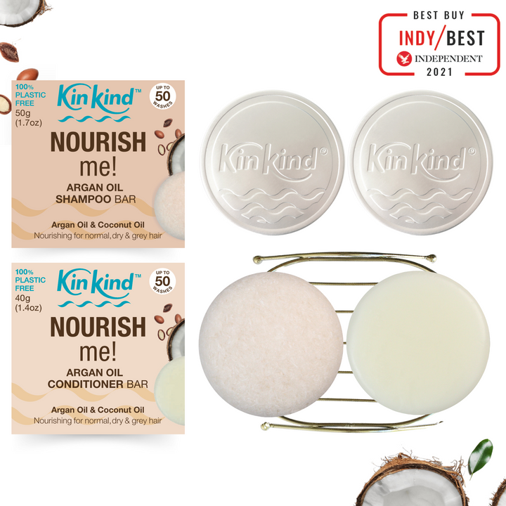 NOURISH me! BEAUTY GIFT SET : Shampoo bar + Conditioner bar, 1 Metal Storage Rack & 2 Travel Tins.  For Normal/Dry & Grey Hair. Saves 4 plastic bottles!