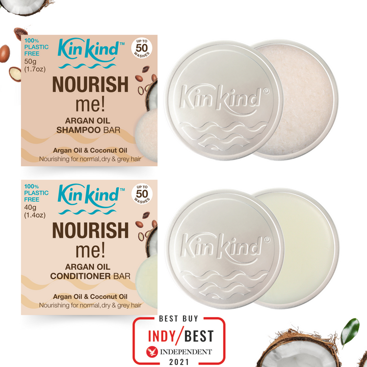 NOURISH me! TRAVEL GIFT SET. Shampoo bar + Conditioner bar & 2 Travel Storage Tins. For Normal/Dry & Grey Hair. Saves 4 plastic bottles!