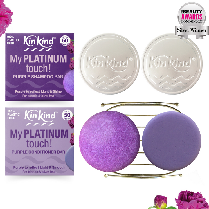 My PLATINUM touch! BEAUTY GIFT SET. Purple Shampoo bar + Conditioner bar, 1 Metal Storage Rack & 2 Travel Tins. For Blonde & Silver Hair. Saves 4 plastic bottles.