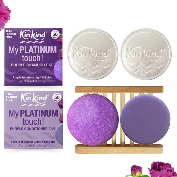 My PLATINUM touch! BEAUTY GIFT SET. Purple Shampoo bar + Conditioner bar, 1 Wooden Storage Rack & 2 Travel Tins. For Blonde & Silver Hair. Saves 4 plastic bottles.