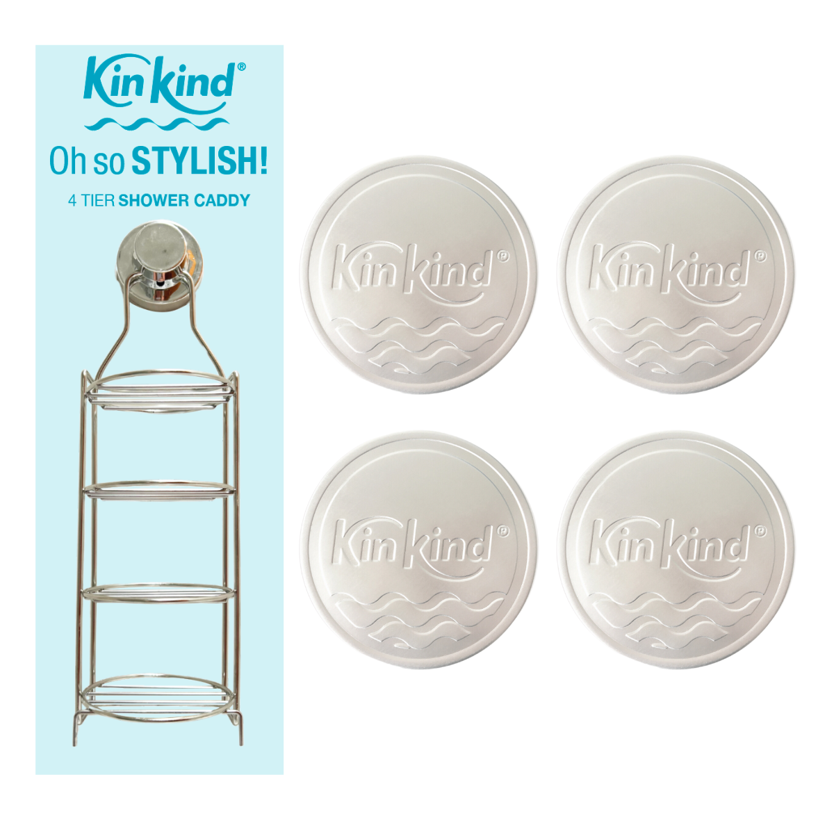 Oh so STYLISH 4 Tier Shower Caddy + 4 KEEP me Travel Tins Storage Bundle
