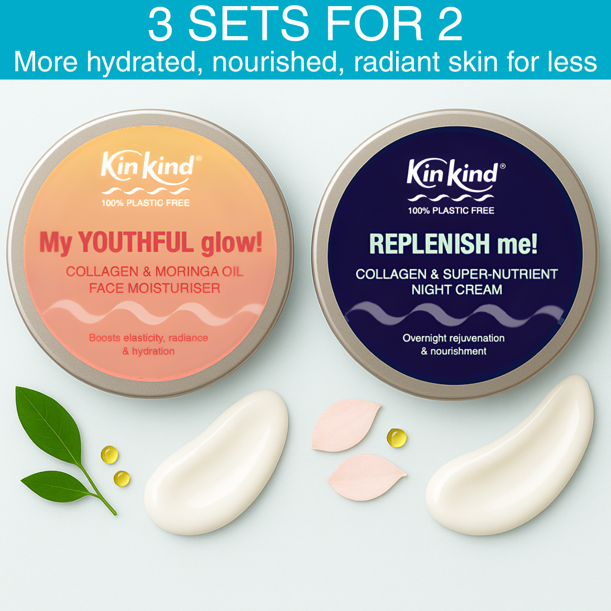 3 Sets 2 REPLENISH & GLOW Skincare. Collagen Moisturiser & Super Nutrient Night