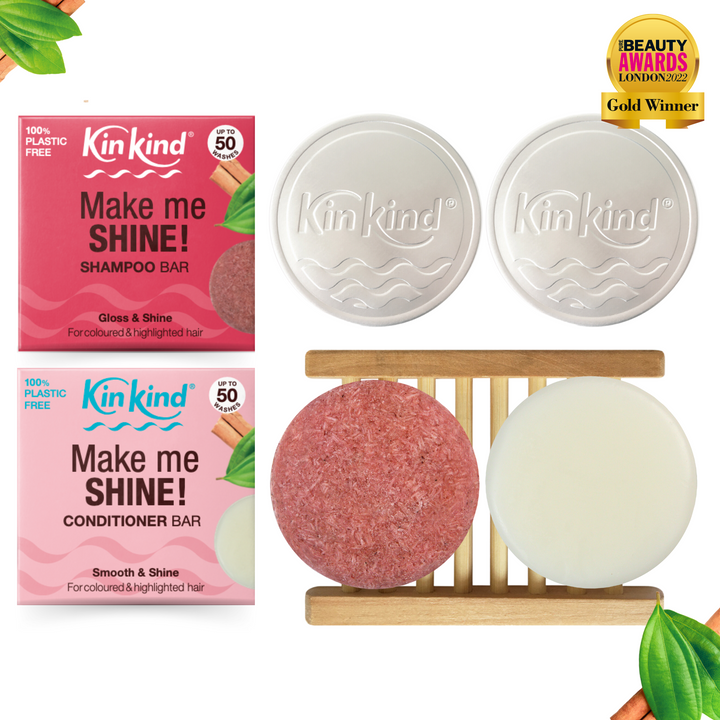 Make me SHINE! BEAUTY GIFT SET : Shampoo bar + Conditioner bar, 1 Wooden Storage Rack & 2 Travel Tins. For Highlights & Coloured Hair. Saves 4 plastic bottles!