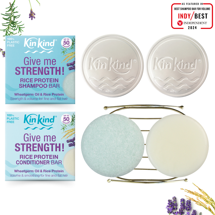 Give me STRENGTH! BEAUTY GIFT SET. Volume & Strength for fine, flat and thin hair. Shampoo bar + Conditioner Bar, 1 Metal Storage Rack & 2 Travel Tins. Saves 4 plastic bottles!