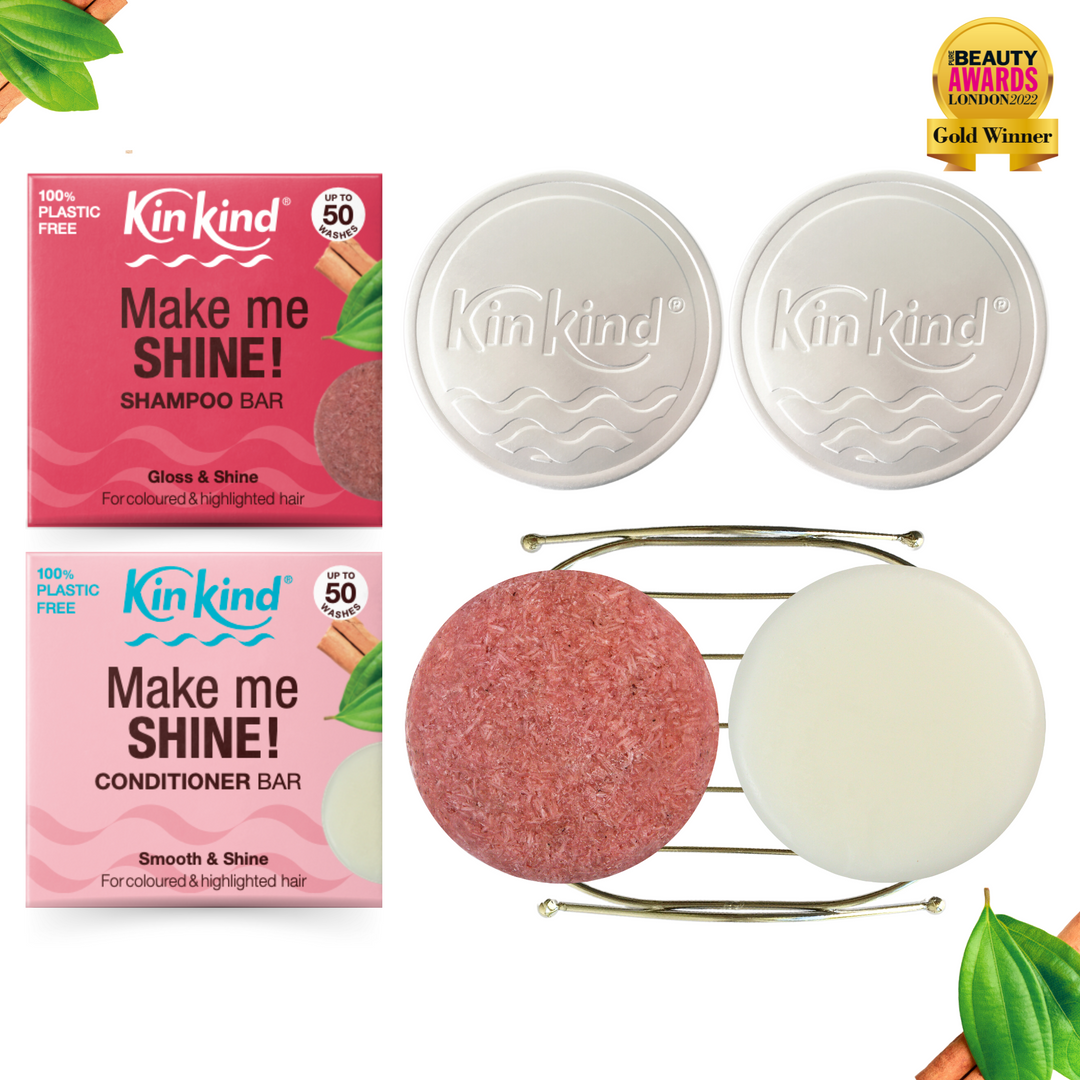 Make me SHINE! BEAUTY GIFT SET : Shampoo bar + Conditioner bar, 1 Metal Storage Rack & 2 Travel Tins. For Highlights & Coloured Hair. Saves 4 plastic bottles!