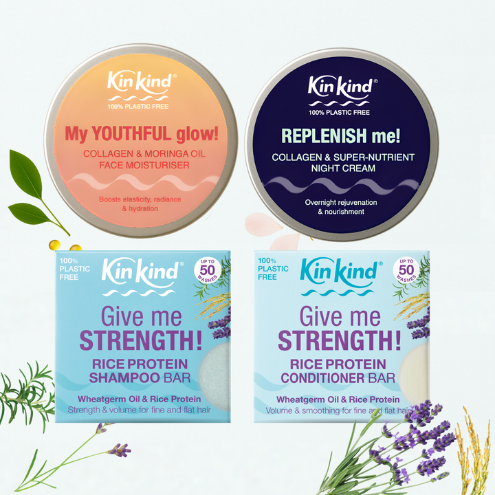 TIMELESS Beauty! Hair & Skincare GIFT SET. Collagen Moisturiser,  Super Nutrient Night Cream & Give me STRENGTH! Shampoo & Conditioner bars.