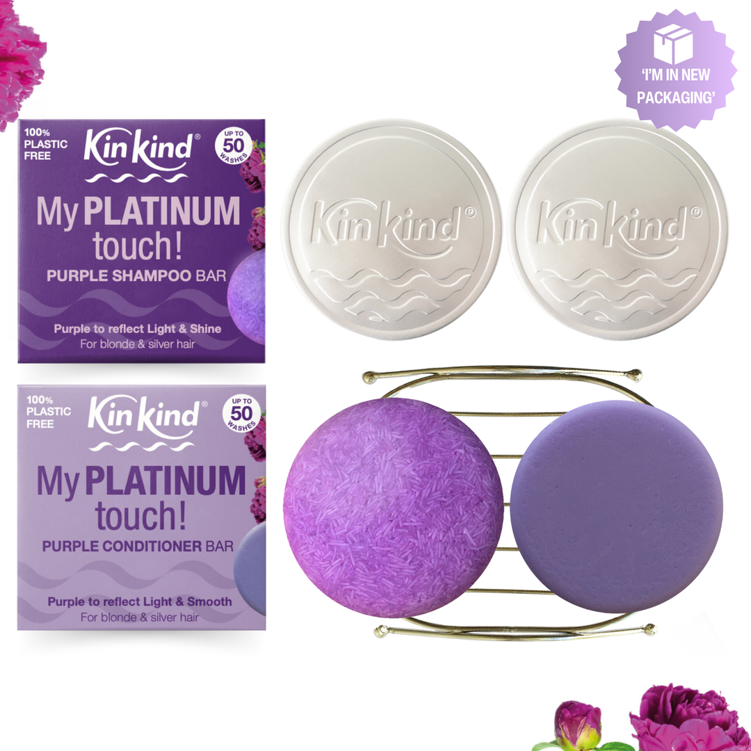 My PLATINUM touch! BEAUTY GIFT SET. Purple Shampoo bar + Conditioner bar, 1 Metal Storage Rack & 2 Travel Tins. For Blonde & Silver Hair. Saves 4 plastic bottles.