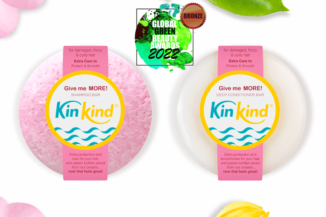 KinKind Solid shampoo and conditioner bars for curly hair, frizzy hair and damaged hair with awards logo